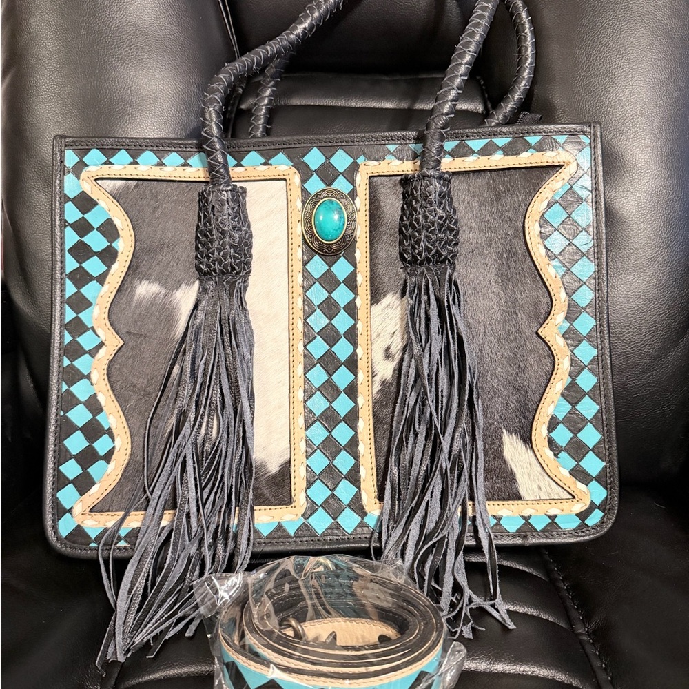 Western Luxe Cowhide Turquoise Fringe Purse
